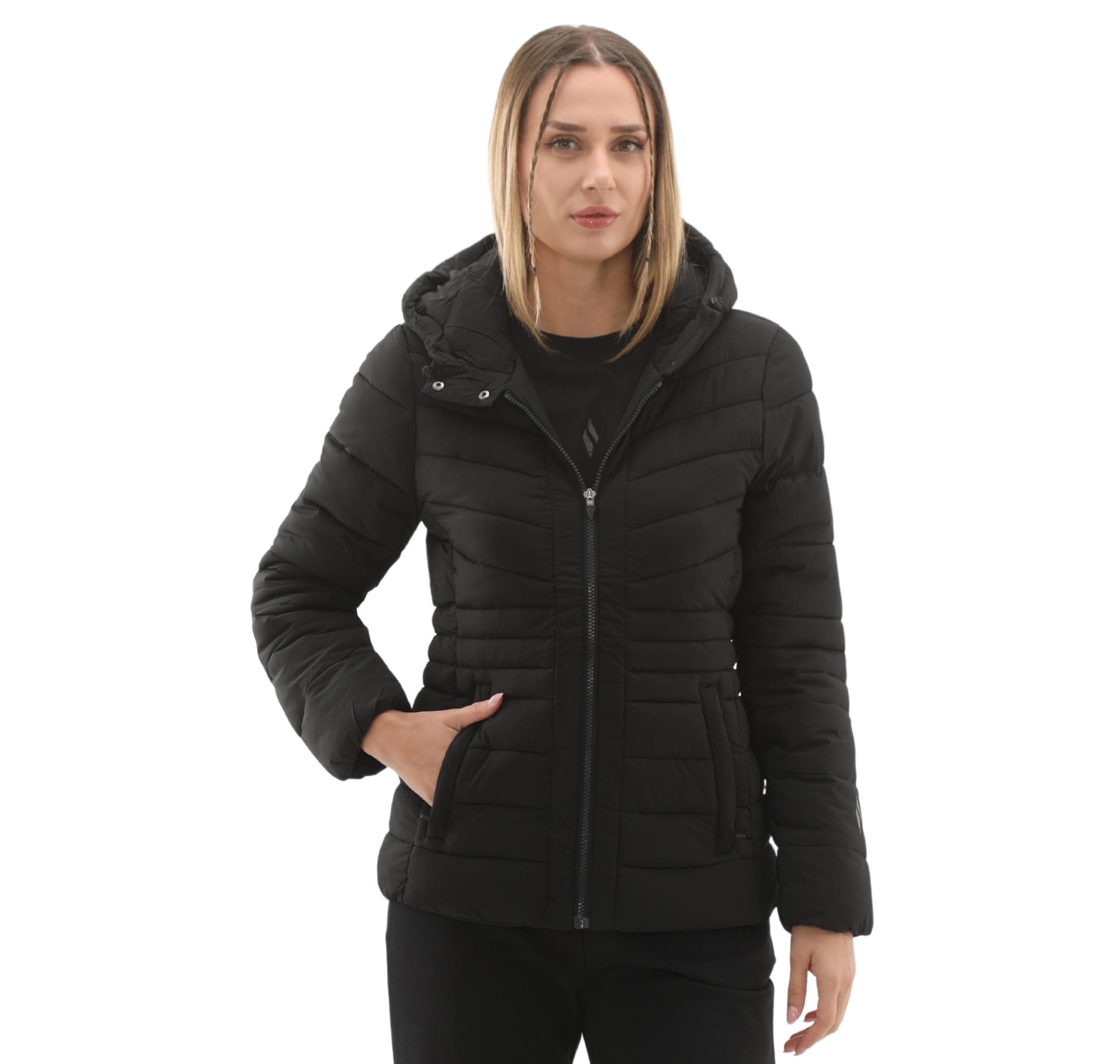 Skechers Skechers W Fitted Hoodie Puffer Jacket Kadın Mont Siyah