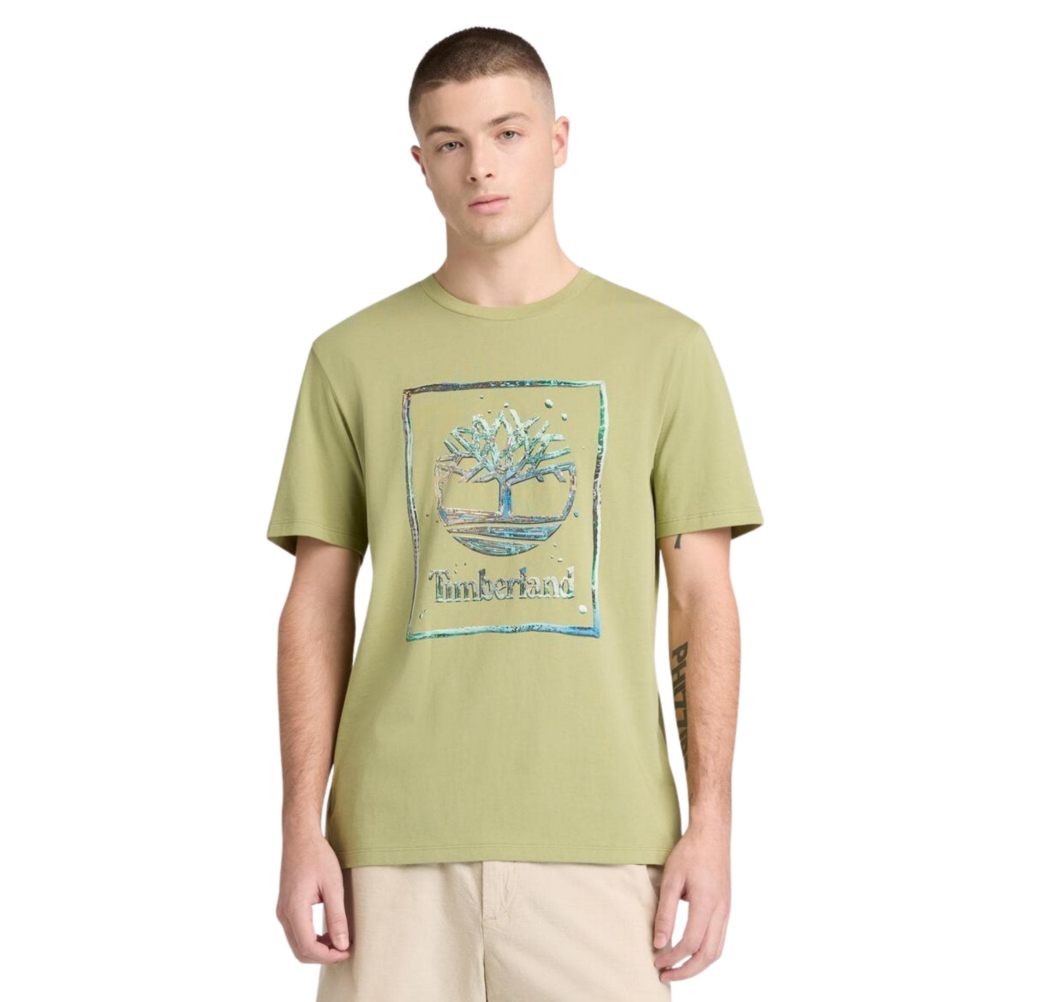 Timberland Timberland Water Stack Logo Short Sleeve Tee Erkek T-Shirt Yeşil